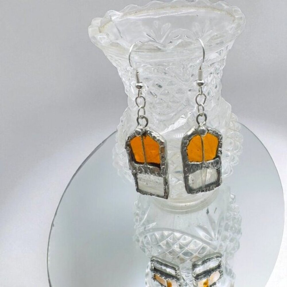 Amber & Clear Stained Glass Dangle Artisan Earrings W/ Silver Solder & 925 Hooks - Picture 8 of 16